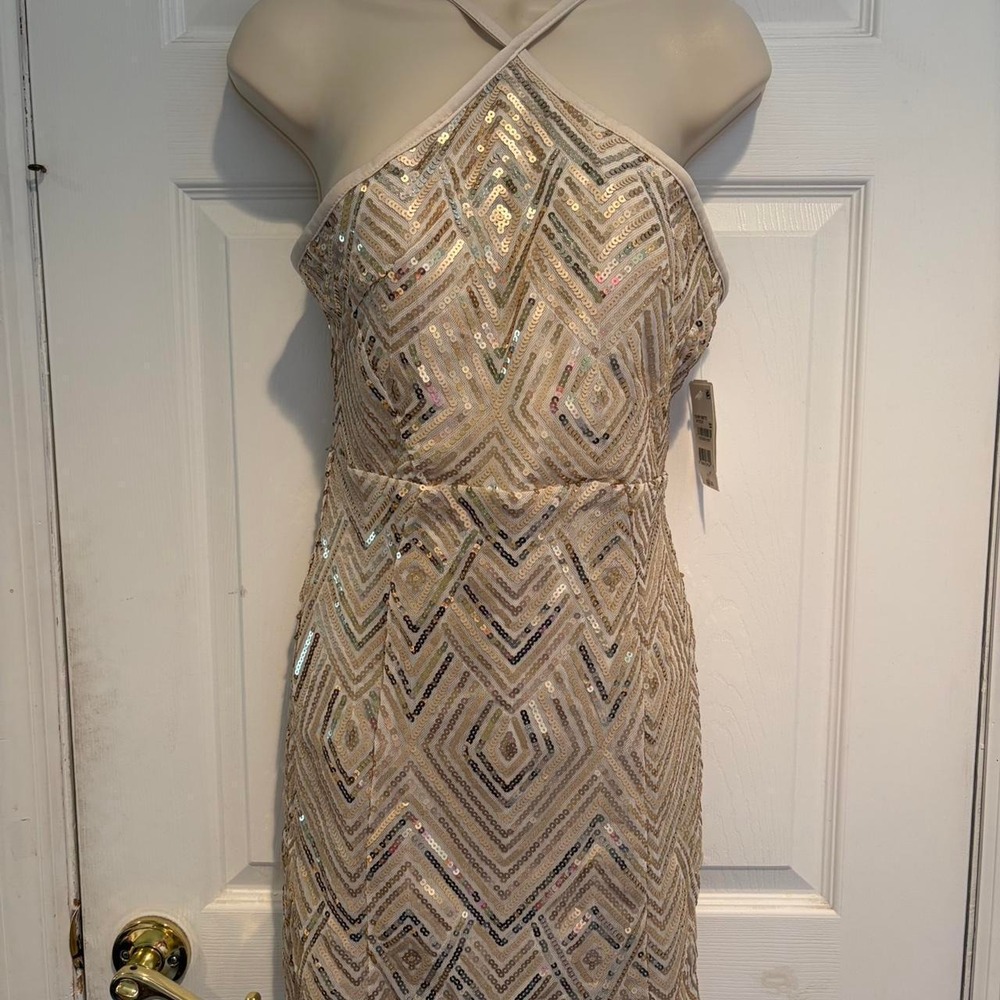 Crystal Doll Womens Sequin Halter Mini Dress Champagne Gold Y2K Prom OUB13977I 5